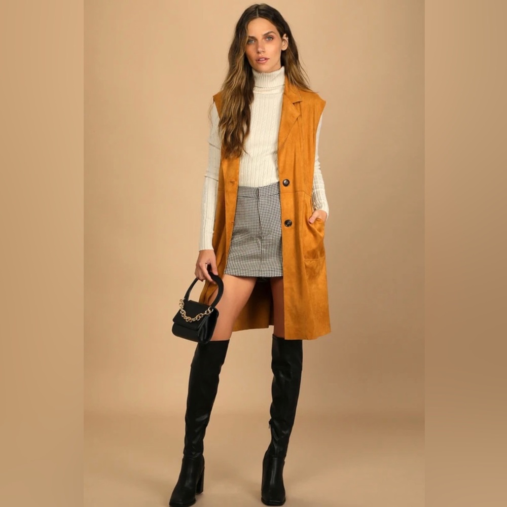 Lulus Camel Suede Sleeveless Trench Coat Brown - Size M